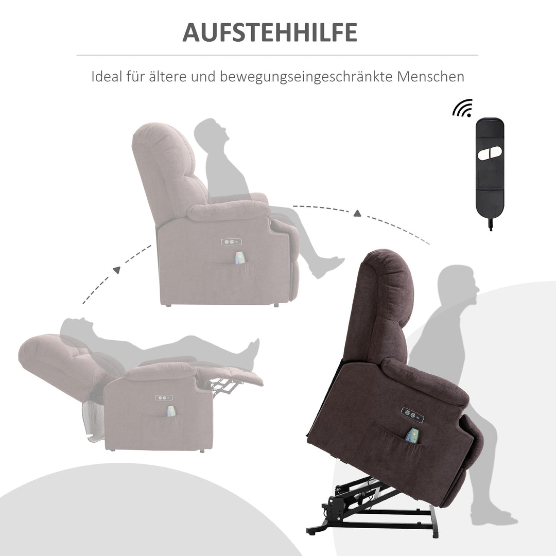 Massagestol med stand-up-hjælp, afslappende stol med stand-up-hjælp, inklusive fjernbetjening, usb-interface, brun