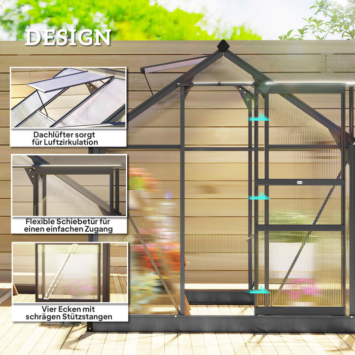 Aluminiumsdrivhus 3,65m² 190x192x201cm med fundament, tagvindue, skydedør, 4 mm paneler, UV-bestandig