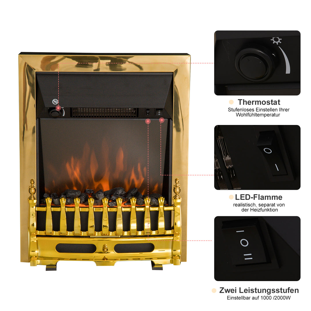 Elektrisk pejs med varmelegeme, elektrisk pejs med LED-flammeeffekt, 1000/2000W dekorativ pejs, elektrisk pejseovn, guld