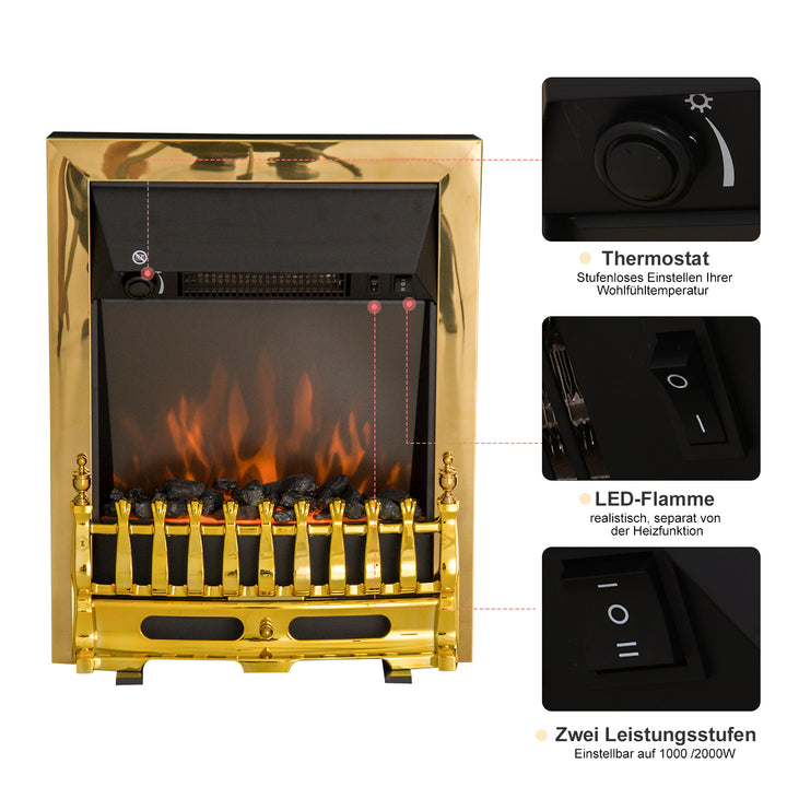 Elektrisk pejs med varmelegeme, elektrisk pejs med LED-flammeeffekt, 1000/2000W dekorativ pejs, elektrisk pejseovn, guld