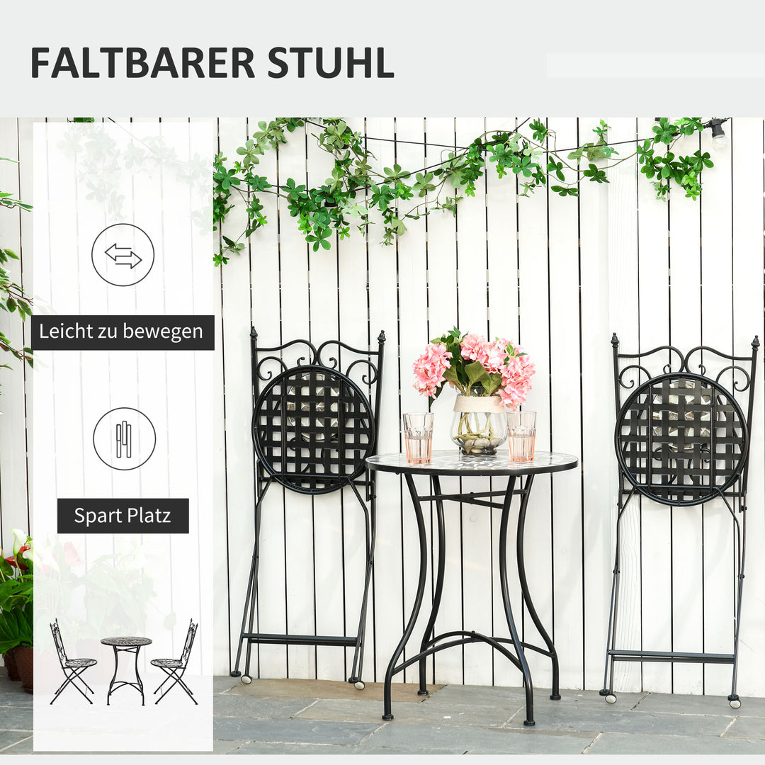 Bistrosæt til 2 personer, balkonmøbelsæt, mosaikbord + klapstole, metal, keramiske fliser, flerfarvet, til haven