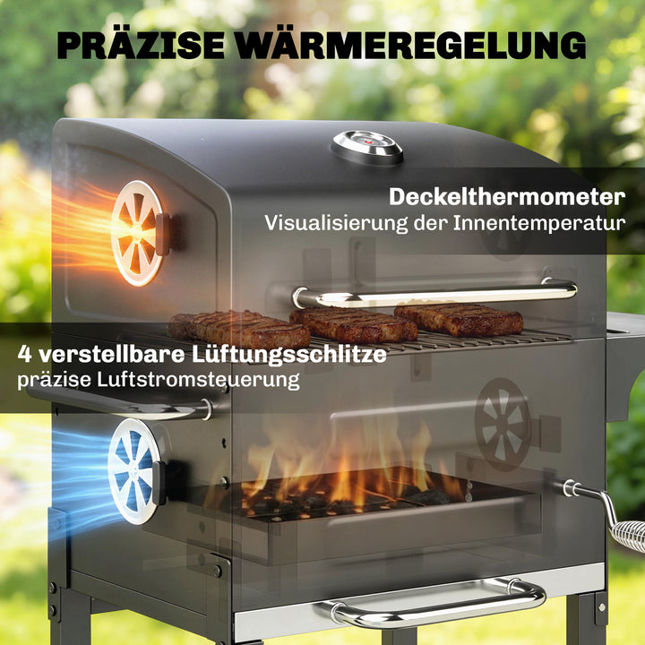 Kompakt kulgrillvogn med låg, termometer, grillrist, sidebord, askeskuffe og ventilationsåbninger.