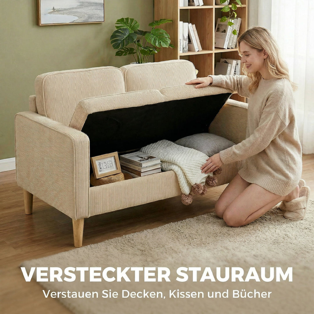 2-personers sofa med 2 puder, opbevaringsplads, ben i massivt træ, lille moderne loveseat, fløjlsbøjle, 117 x 63 x 79 cm, beige