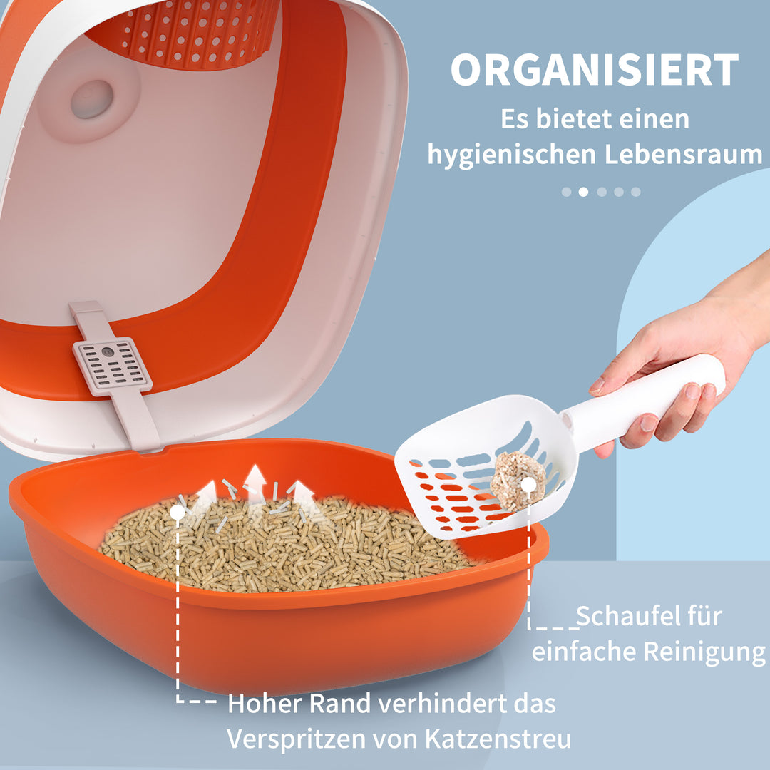 Kattebakke med låg og kattebakke, til katte op til 5 kg, 52 x 41 x 38 cm, hvid/orange
