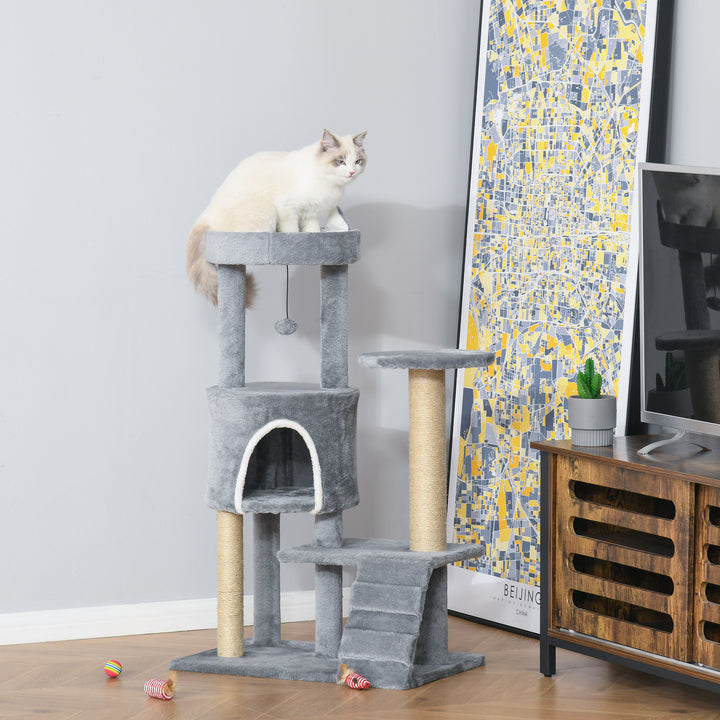 Kradsetræ med kattehulestige kradsetræ højde 100 cm klatretræ til katte spånplade jute grå 60 x 40 x 100 cm