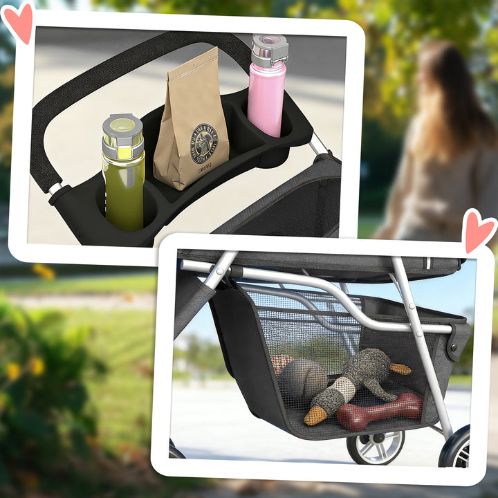 Sammenklappelig hundebåren med justerbar kaleche, opbevaringskurv, til små hunde op til 10 kg, 77 x 44 x 102 cm, mørkegrå