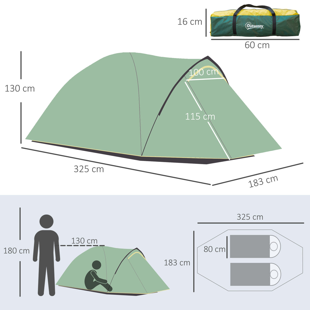 Telt til 2 personer 190t campingtelt med pløkker kuppeltelt glasfiber polyester grøn+gul 325 x 183 x 130 cm