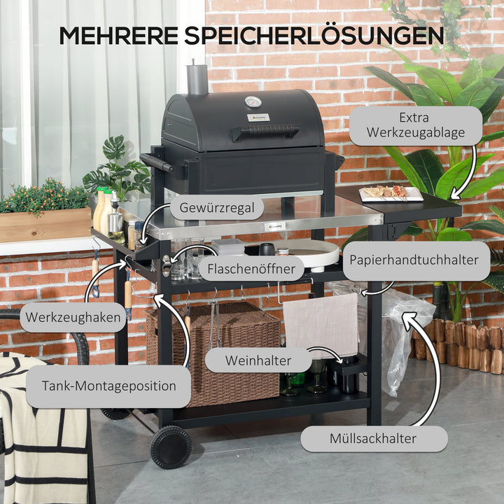 Grillstation/grillvogn, inklusive tilbehør, 125 x 65 x 84 cm, sort + sølv