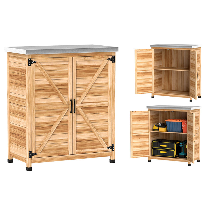 Haveskab med indvendig hylde og arbejdsbænk, lavet af grantræ og galvaniseret stål, 79x43x92 cm, træfarvet
