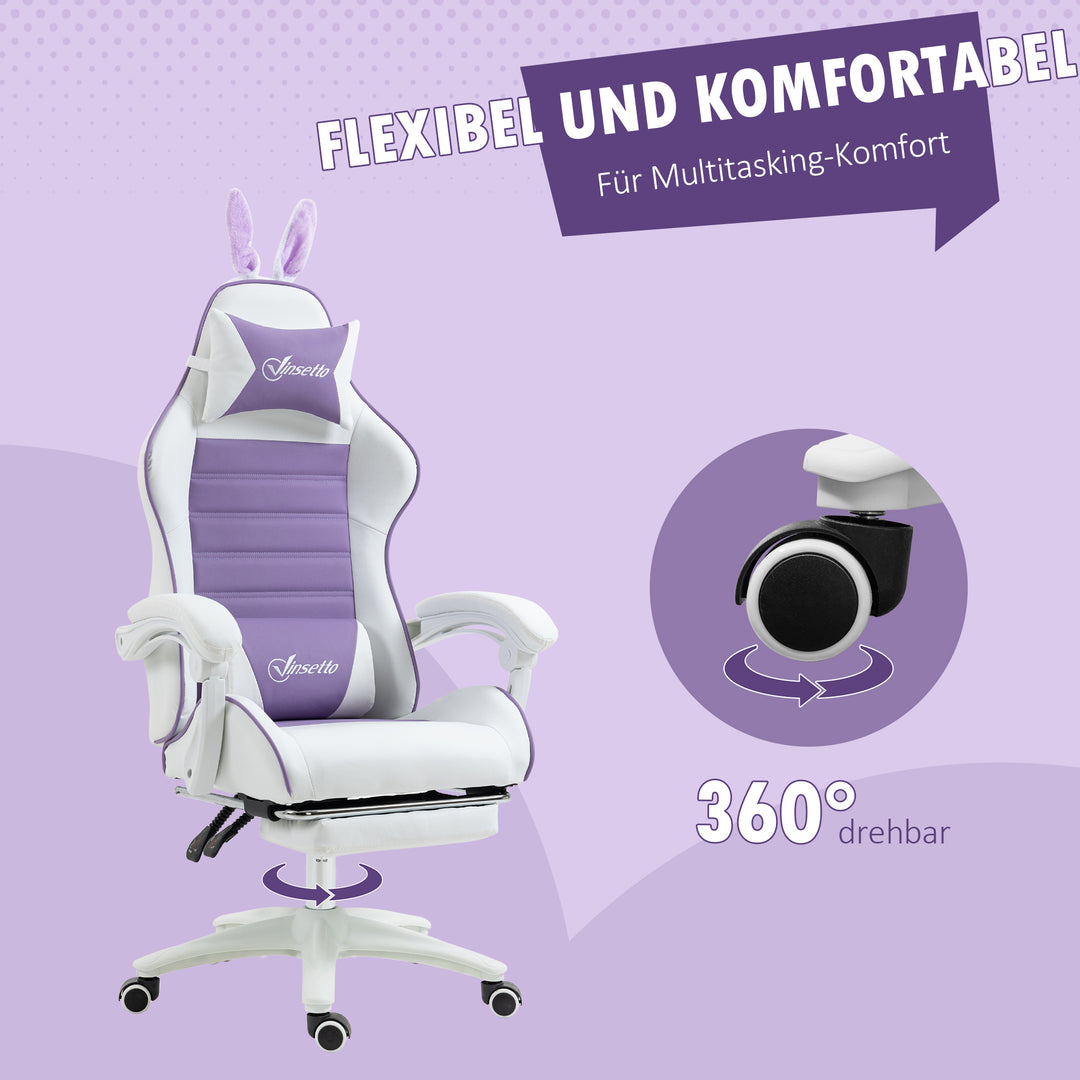 Gamingstol ergonomisk med lændestøtte, fodstøtte, pude med kaninører, lilla