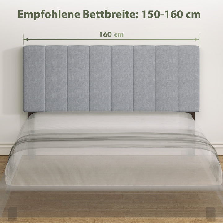Sengegavl med 3 højdejusteringer, sengegavl med metalben, linnedlook til soveværelse, 160x10x106/116/126 cm, grå