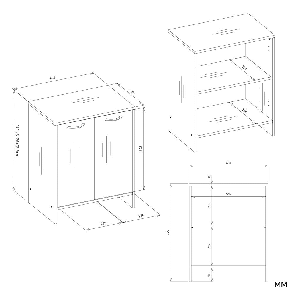 Underskab til vask, Bredde: 60 cm Højde: 74 cm Dybde: 40 cm, hvid