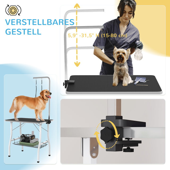 Hundetrimmebord med justerbar arm og opbevaringsrum, gummioverflade, 90 x 60 x 76 cm, sort
