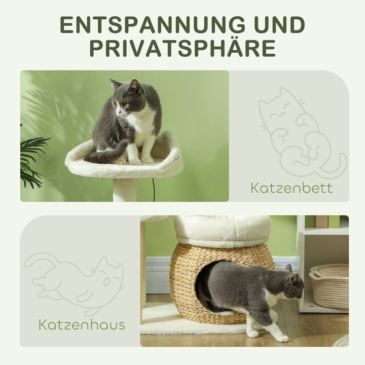 Kradsetræ med kattehule, legebold og platform, rør/sisal, op til 10 kg, 60 x 40 x 79 cm, cremehvid