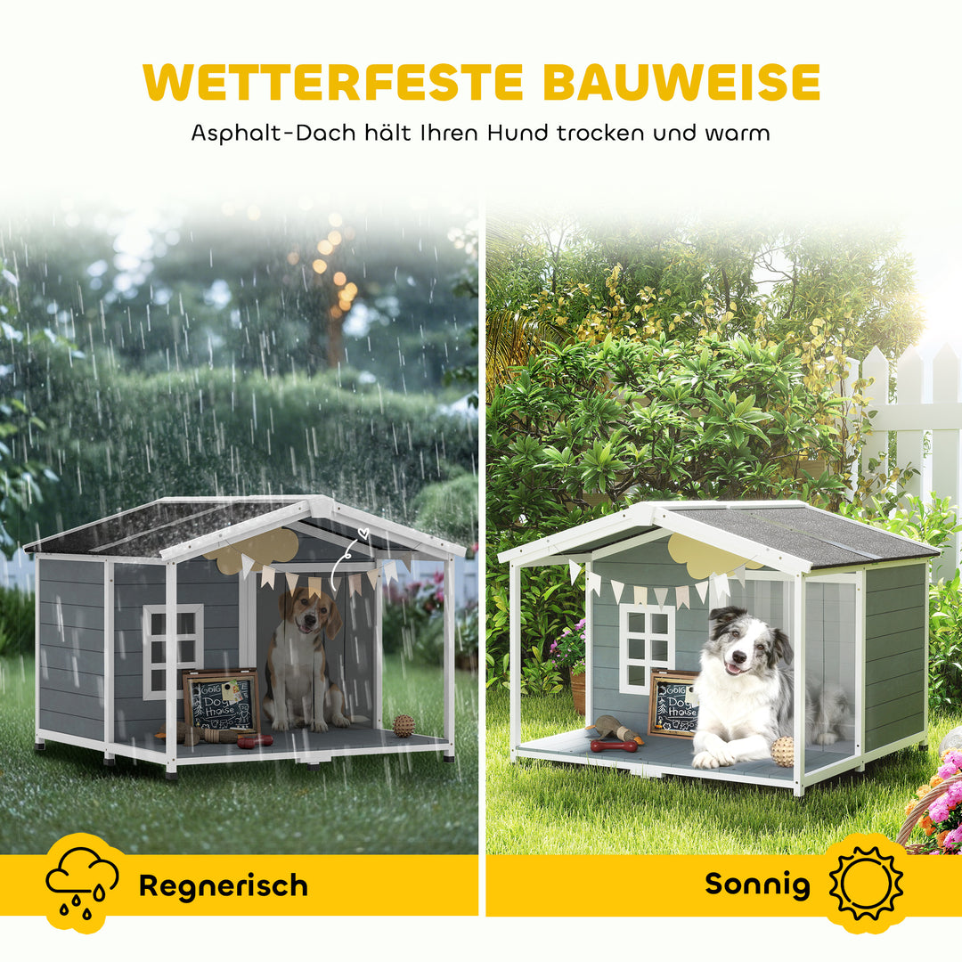 Vejrbestandigt hævet træhundehus med asfalttag og terrasse, til mellemstore hunde, 103x107x83,5cm, grå