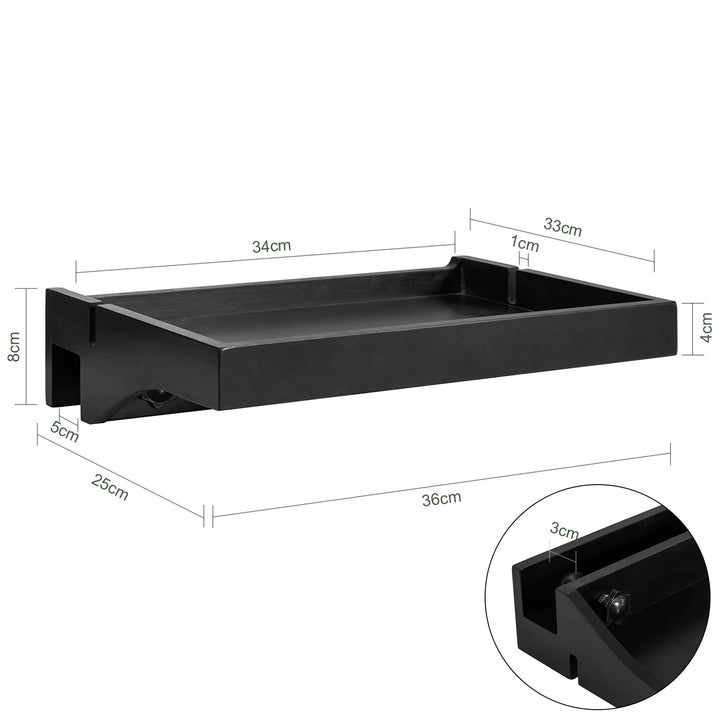 Sengebord med klemme til sengekanten, B36 x D25 x H9 cm, sort