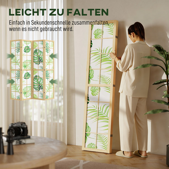 4-delt rumdeler, foldbar, boho design, tropisk motiv, fritstående rumdeler, træramme, grøn