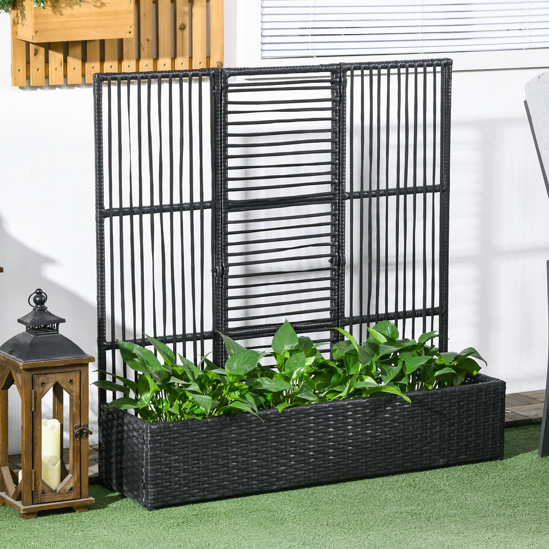 Blomsterkasse med espalier, vejrbestandig, polyrattan, 103 x 103 x 29 cm, sort