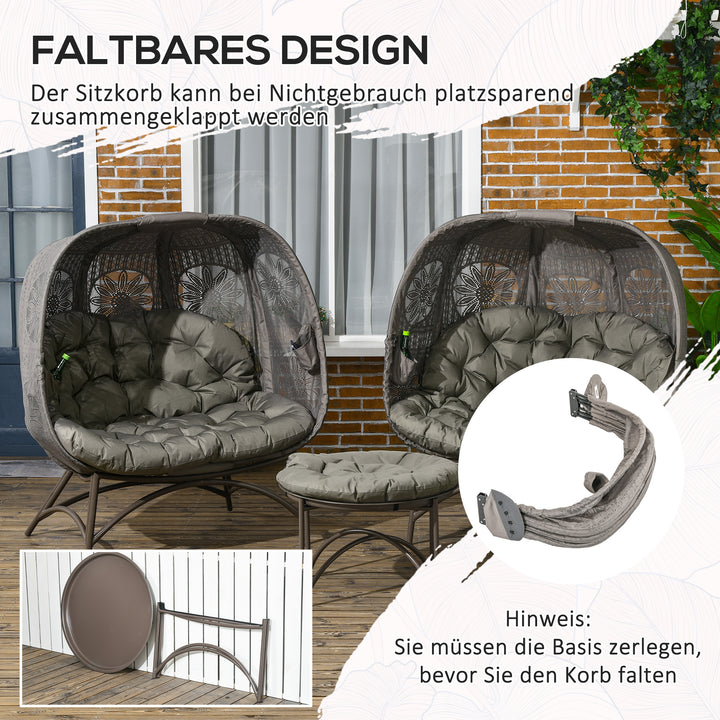Havemøbelsæt, 2 kurvestole med sidebord, foldbare, sædehynder, metalstel, farve: sand