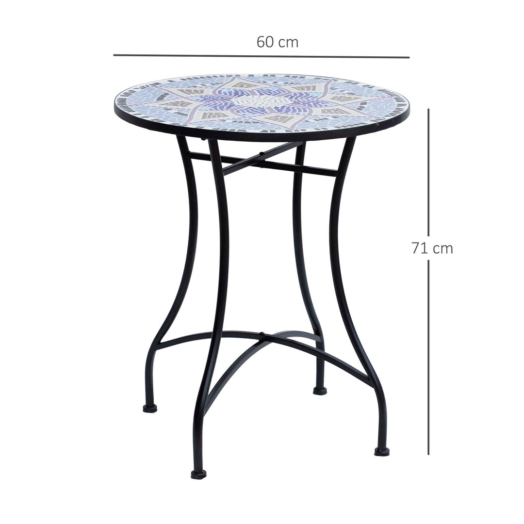 Havebord Ø60 x H71cm, vejrbestandigt metal balkonbord, udendørs spisebord, campingbord, sidebord, rundt terrassebord til have, terrasse, altan, blå+hvid