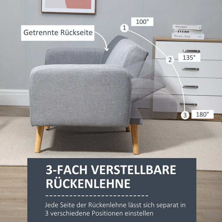 Sovesofa, 2-personers stofsofa, sofa med sovefunktion, hørlignende polyester, gummitræ, 173 x 75 x 73 cm, grå