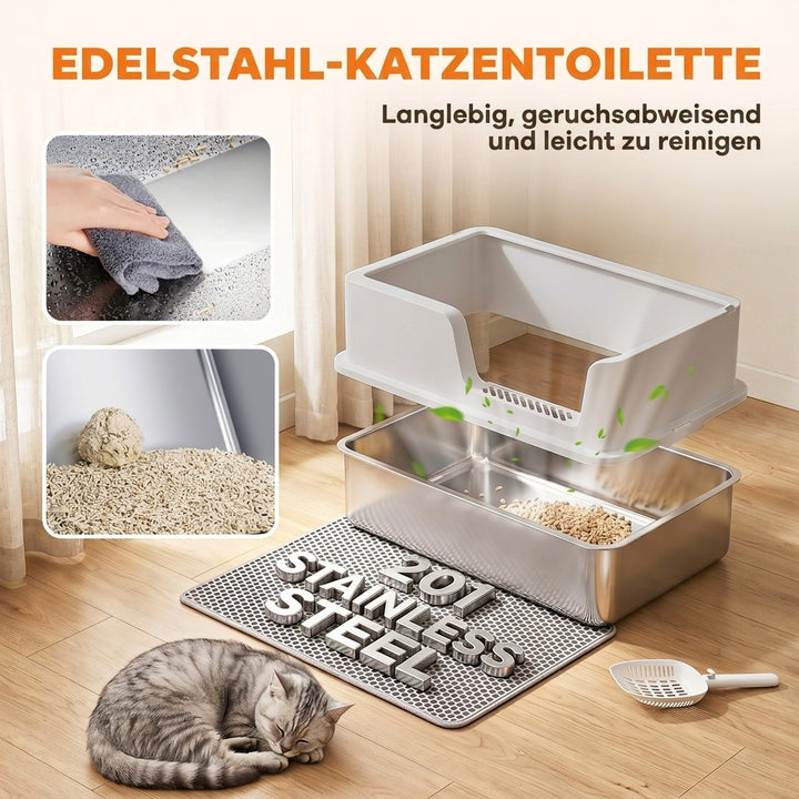 XL kattebakke i rustfrit stål med låg, høje sider, lysegrå