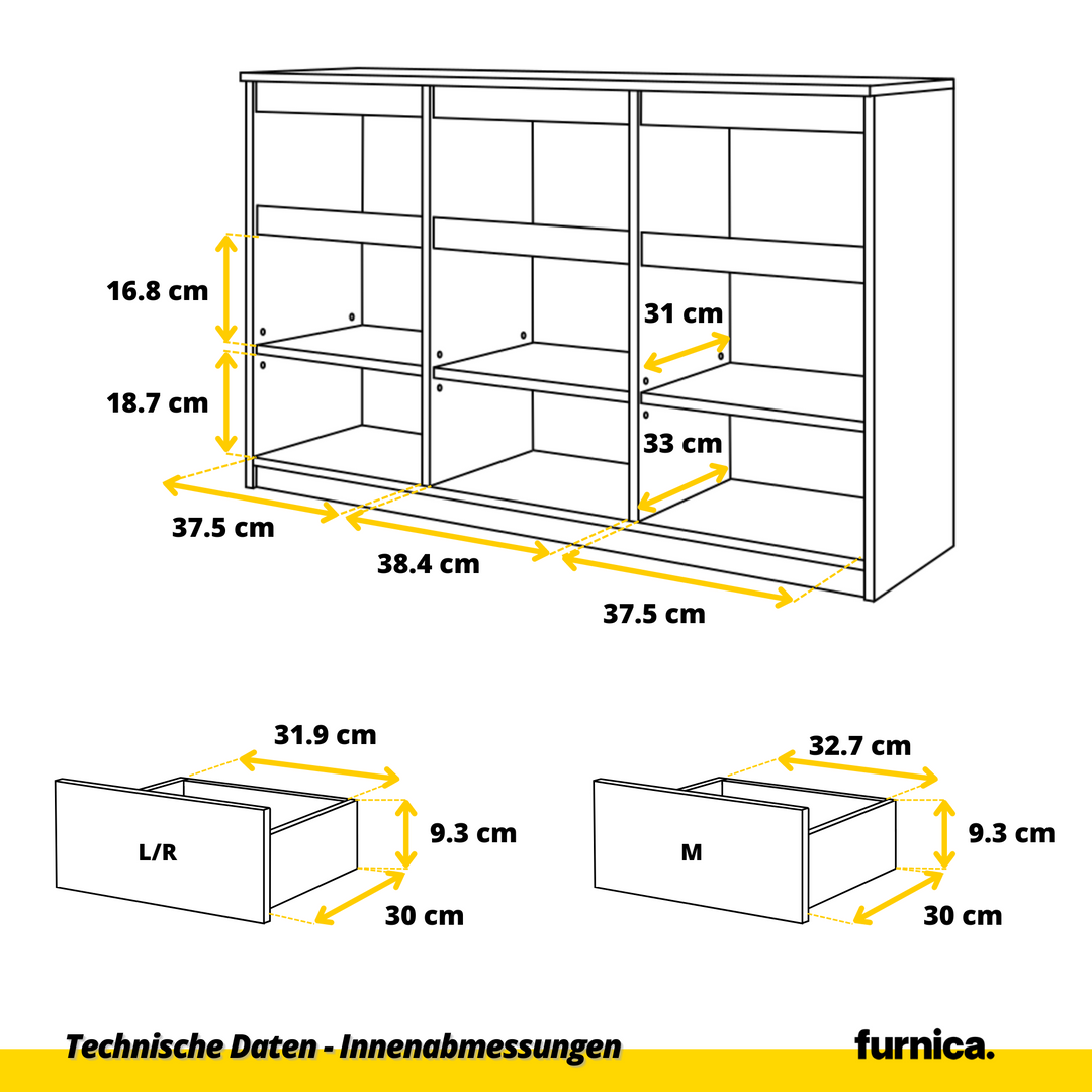 NOAH - Kommode med 3 skuffer - mat hvid / højglans hvid H75cm B120cm D35cm