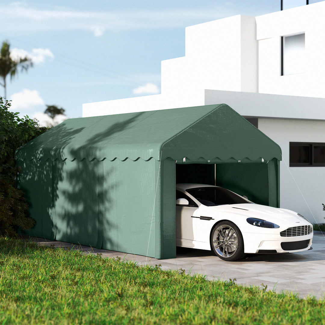 3x6 m transportabel carport, biloverdækning med 2 indgange, polyestertag, til biler, både, haveudstyr, mørkegrøn