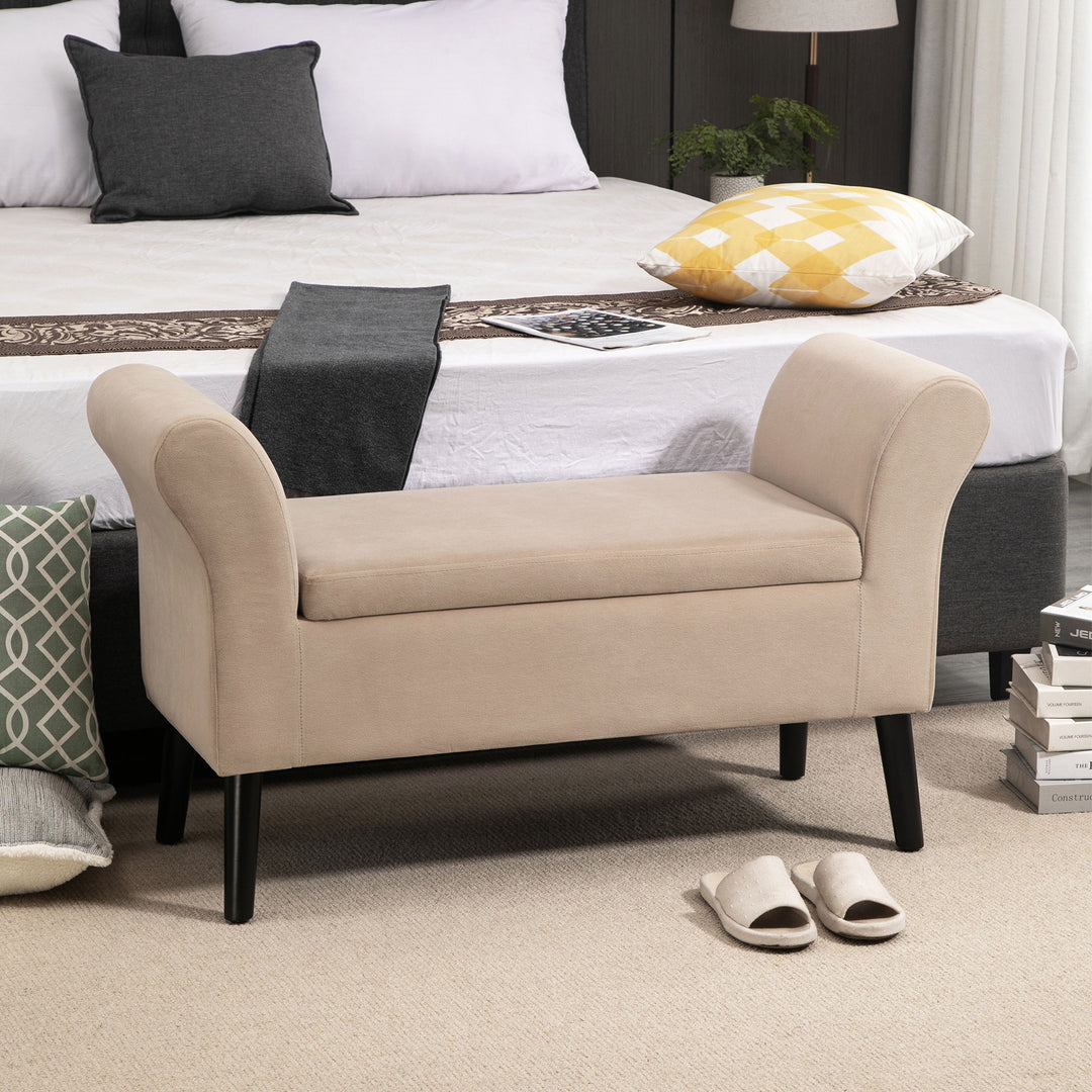 Polstret bænk med opbevaringsplads, kommodebænk med armlæn, 46 cm sædehøjde, fløjl polyester, 111,5 x 41 x 65 cm, beige
