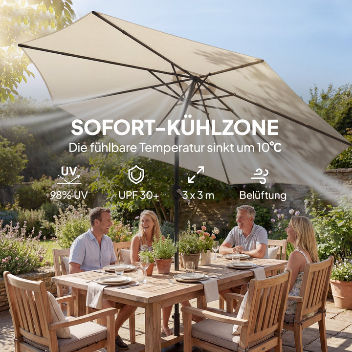 Parasol ca. Ø300 cm, vipbar balkonparasol med håndsving, krydsfod, sandsæk, UV 30+, udtrækkelig, cremehvid