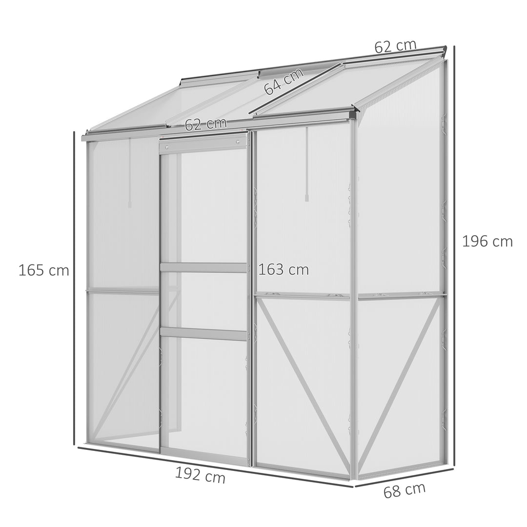 Vægdrivhus, skydedør, tagvindue, polycarbonat+aluminium, farve: sølv, 192 x 68 x 196 cm