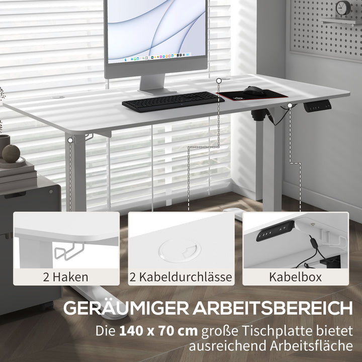 Ståbord, højdejusterbart computerbord, 140 cm x 70 cm x 116 cm, hvid