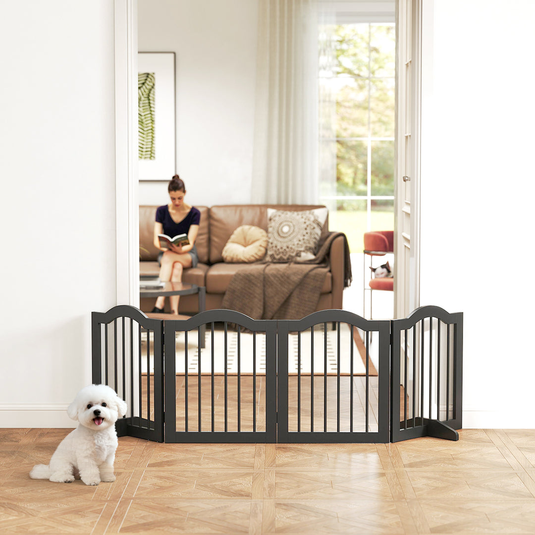 Fritstående hundegitter med fødder, foldbart, 4 paneler, 208 x 29,5 x 61 cm, sort