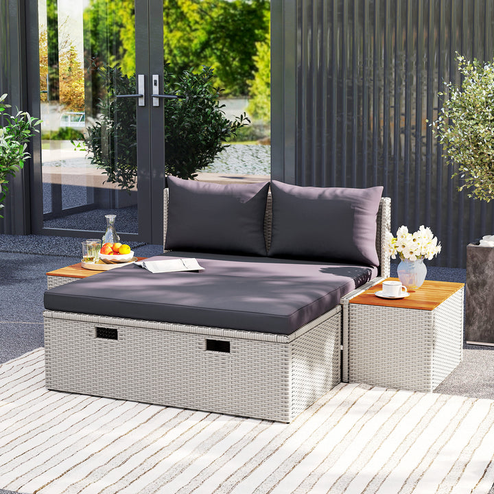 Polyrattan liggestol til 2 personer dobbelt liggestol med fodskammel opbevaringshynder 125x114x72,5 cm grå