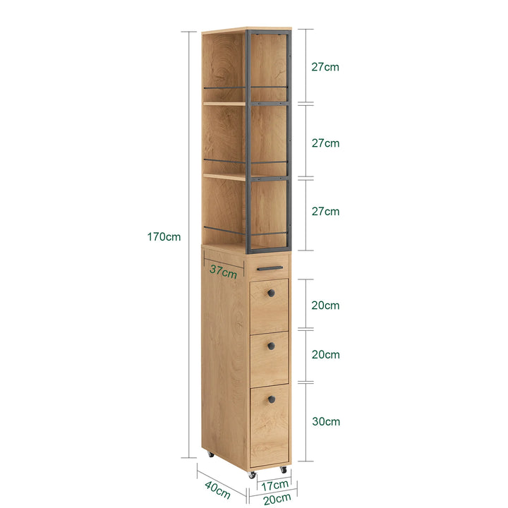 Smal opbevaringsreol med hjul, L20 cm x B40 cm x H170 cm, naturfarvet