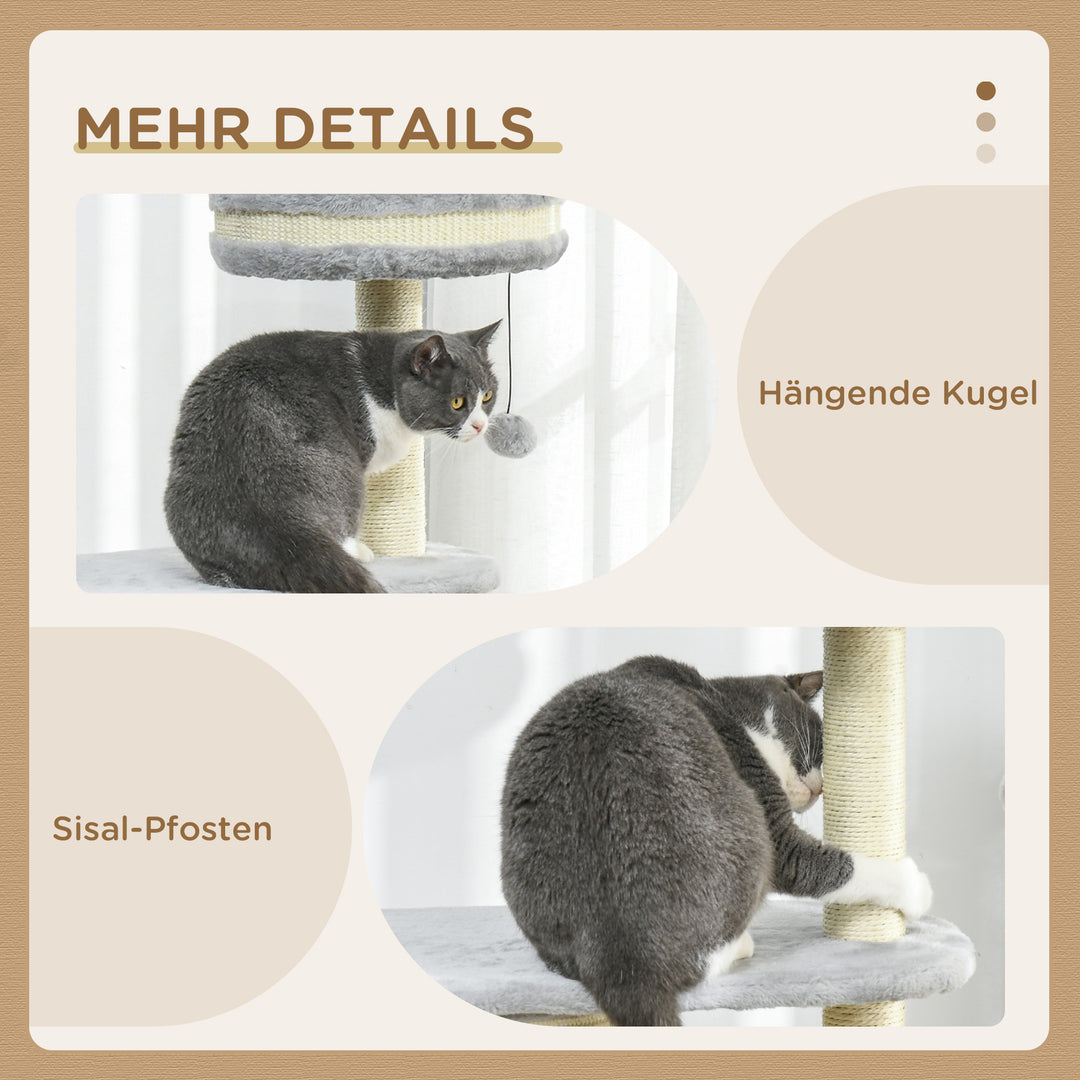 Kradsetræ til katte, sisalrebstolper, blødt plys, multi-level, boldlegetøj, grå, 59x35x100 cm