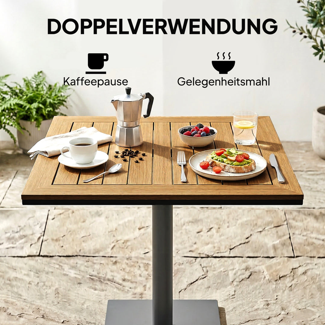 Sidebord 70 x 70 cm, vejrbestandigt havebord med trælook, bred fod, firkantet, naturtræ