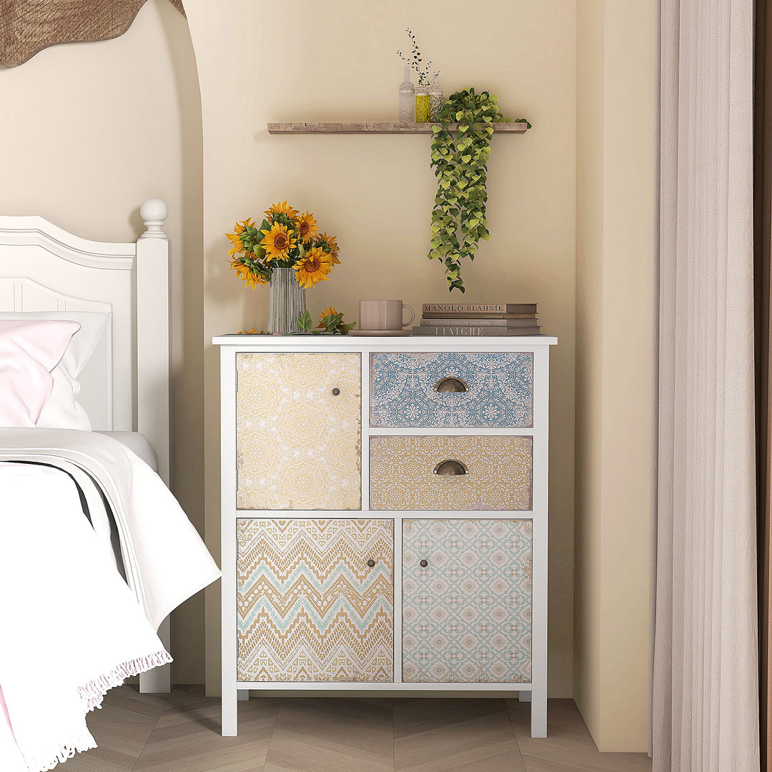 Skænk, shabby chic kommode, 2 skuffer, 3 skabsrum, fyrretræ, 68x34x80cm, hvid