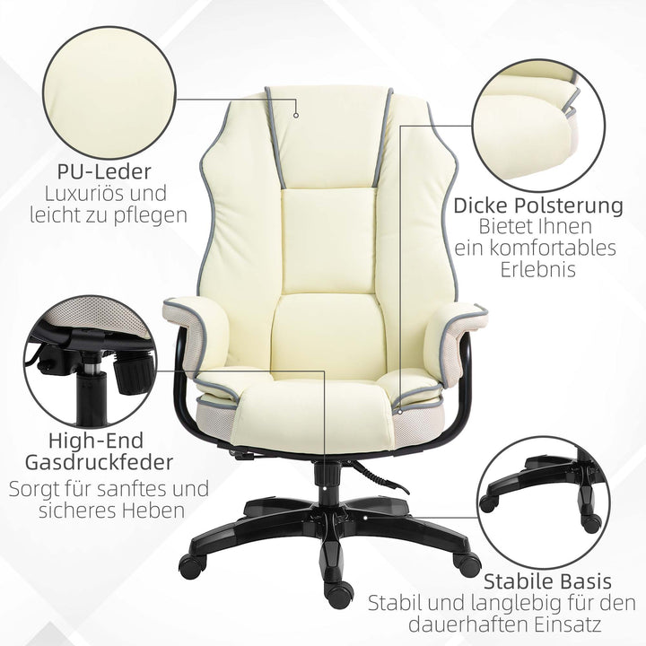 Ergonomisk kontorstol, ekstra polstret, lænefunktion, kunstlæder, 76x80x118-124 cm, creme