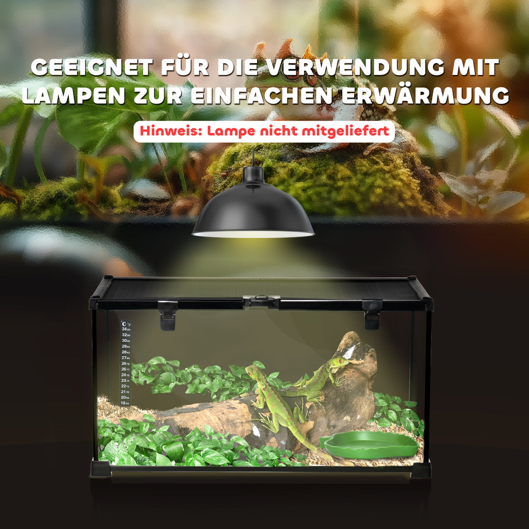 Reptile box terrarium, inklusive stribetermometer, foderklapper, 50 cm x 30 cm x 25 cm, glas + metal, sort