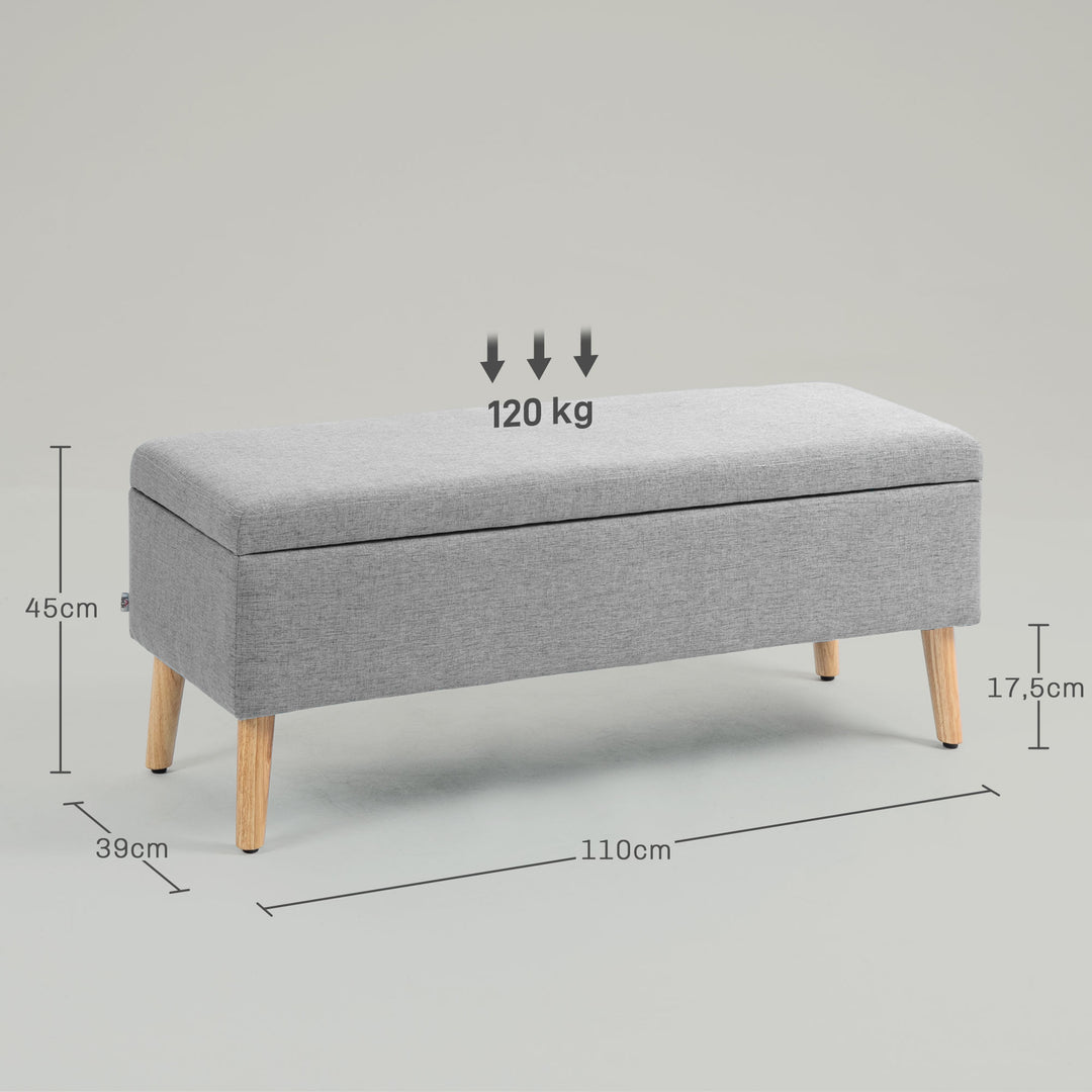 Polstret bænk med opbevaring, betræk i hørlook, ben i gummitræ, op til 220 kg, 110 x 39 x 45 cm, grå