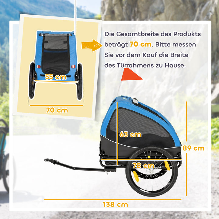Sammenklappelig hundetrailer med reflekser, netvindue, hjul, dør, sikkerhedsflag til hunde op til 20 kg, 138x70x89 cm, blå