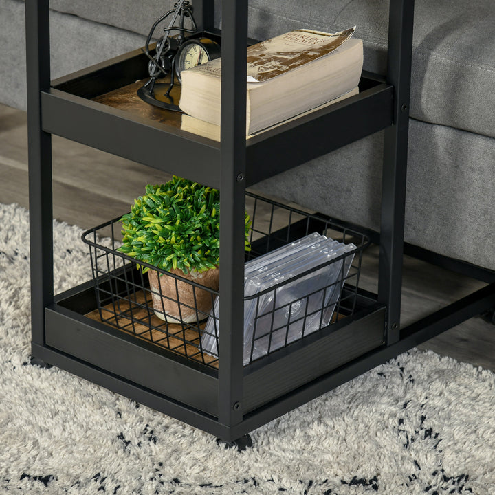 Sidebord med hjul til sofa eller seng, industriel stil, stål og træ, brun og sort