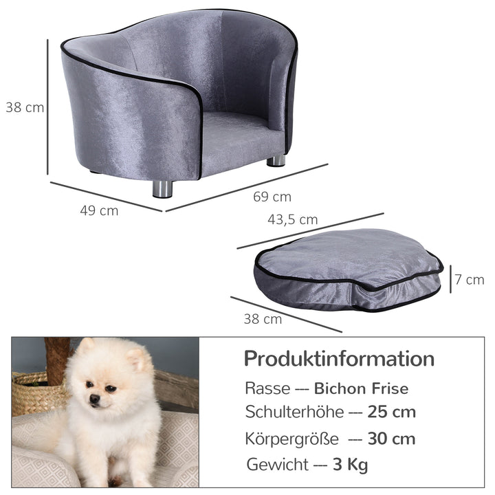 Hundesofa, hundeseng, vaskbar sædehynde, plysbetræk, naturlig træramme, lysegrå, 69 x 49 x 38 cm