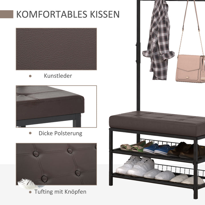 Knagerække med 5 kroge og 2-lags skobænk i metal til entré, soveværelse, 72,5 x 35 x 180 cm