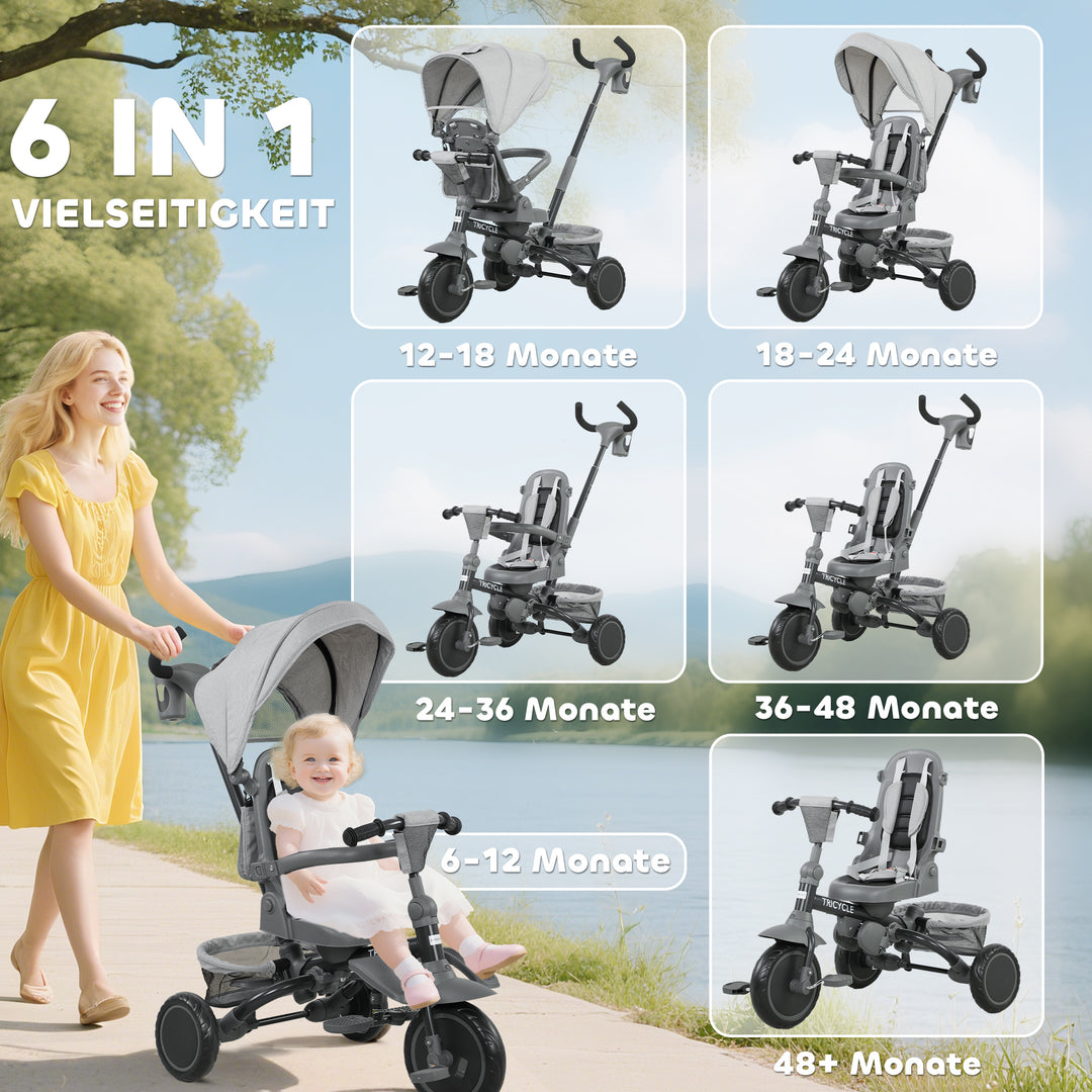 Børnetrecykel, 6-i-1 klapvogn til småbørn, med skubbehåndtag, justerbart sæde, foldbart design, sikkerhedsnet, grå