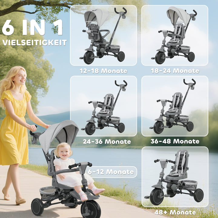 Børnetrecykel, 6-i-1 klapvogn til småbørn, med skubbehåndtag, justerbart sæde, foldbart design, sikkerhedsnet, grå