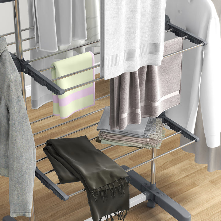 Tørrestativ. 4 niveauer, foldbar, et-klik-system, 142 cm x 55 cm x 152 cm, blå + sølv