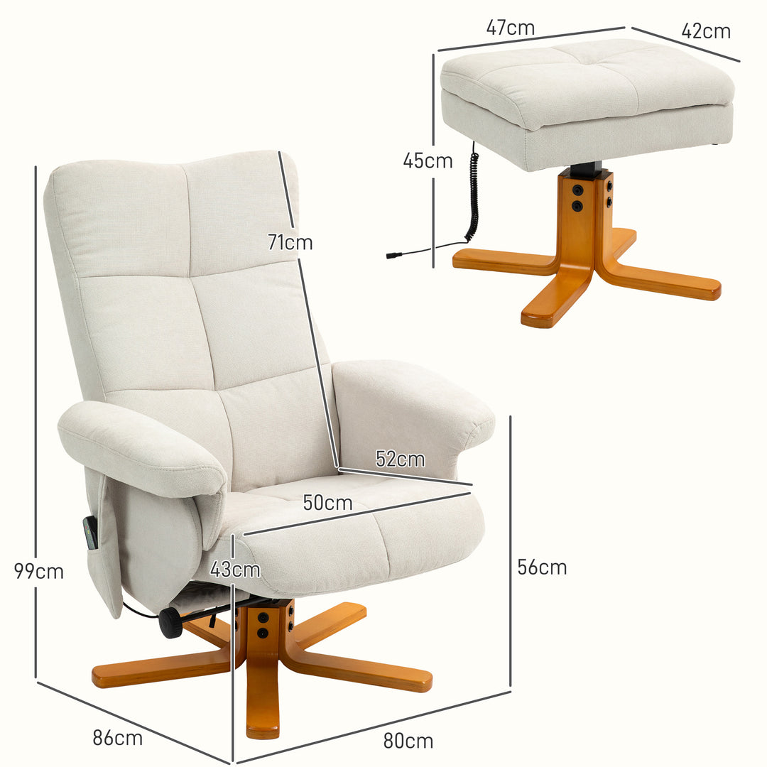 Massagestol med lænefunktion og fodskammel, 145° vipning, polyester, 80 x 86 x 99 cm, cremehvid