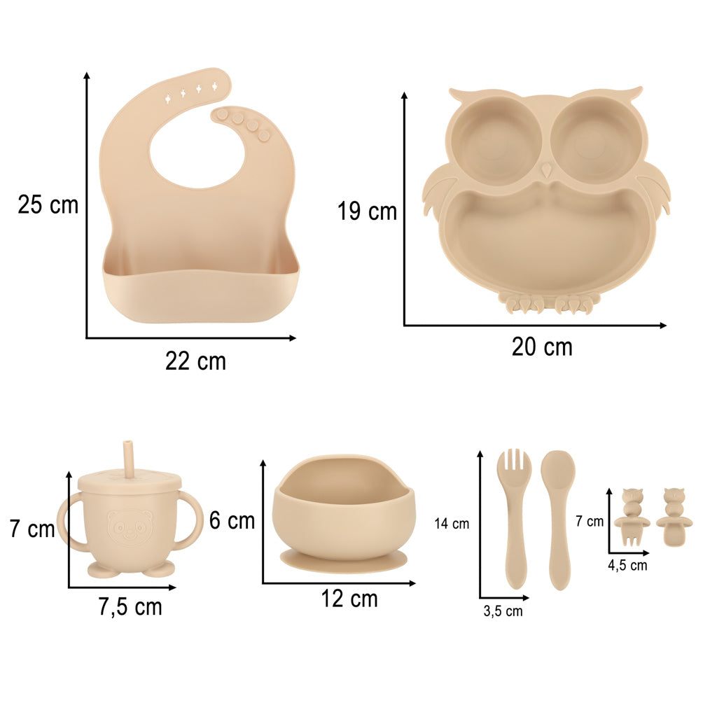 Silikoneskåle til børn, ugle, beige, 9 elementer